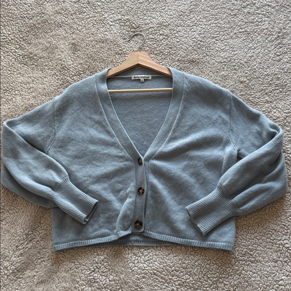 Reformation 100% Cashmere Varenne Blue Boxy Relaxed Cardigan Size Medium V Neck